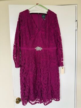 Adrianna Papell Fuchsia Lace Long Sleeve Dress with Jeweled Waist